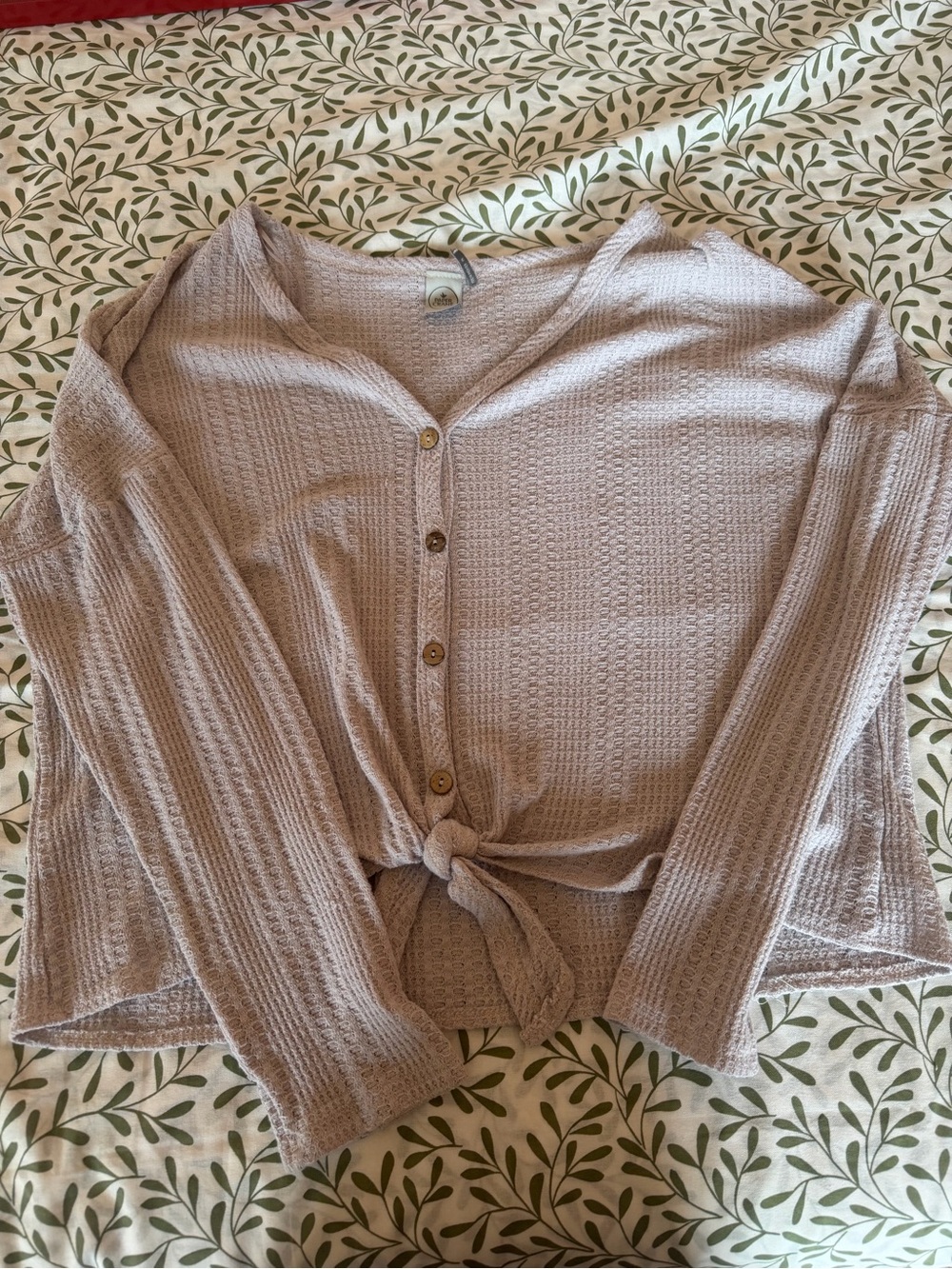 Paper Crane Taupe Knit Button-Front Tie Hem Top